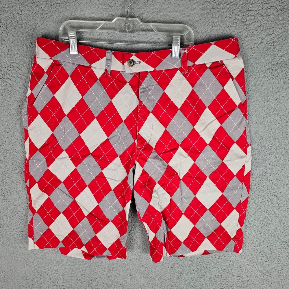 Loudmouth Golf Shorts Mens 38 Red Grey White Argyle Flat Front Stretch Golfing